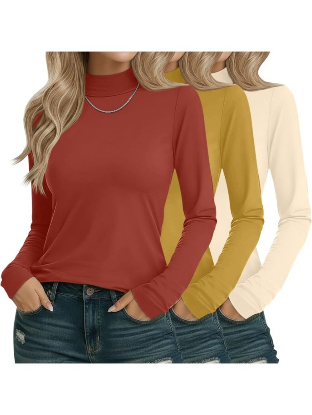 3 Pack Womens Cotton Mock Turtleneck Tops Shirts